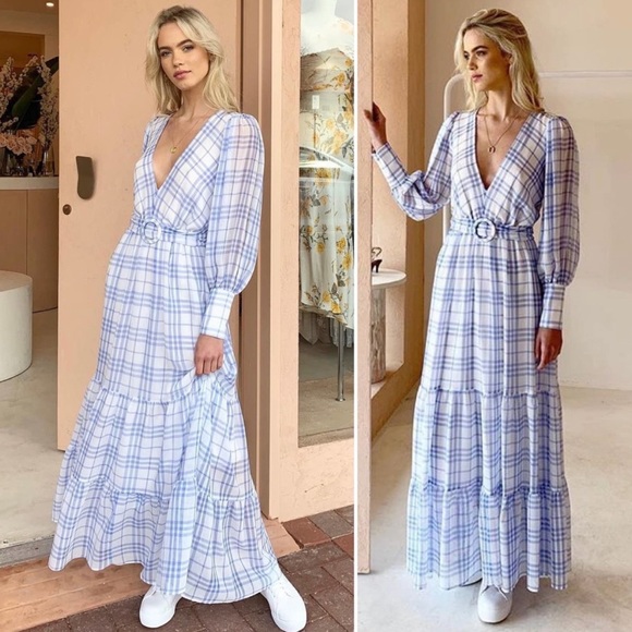 Bec + Bridge Alexa Blue White Gingham V Neck Belted Maxi Dress US 2 - Picture 2 of 14